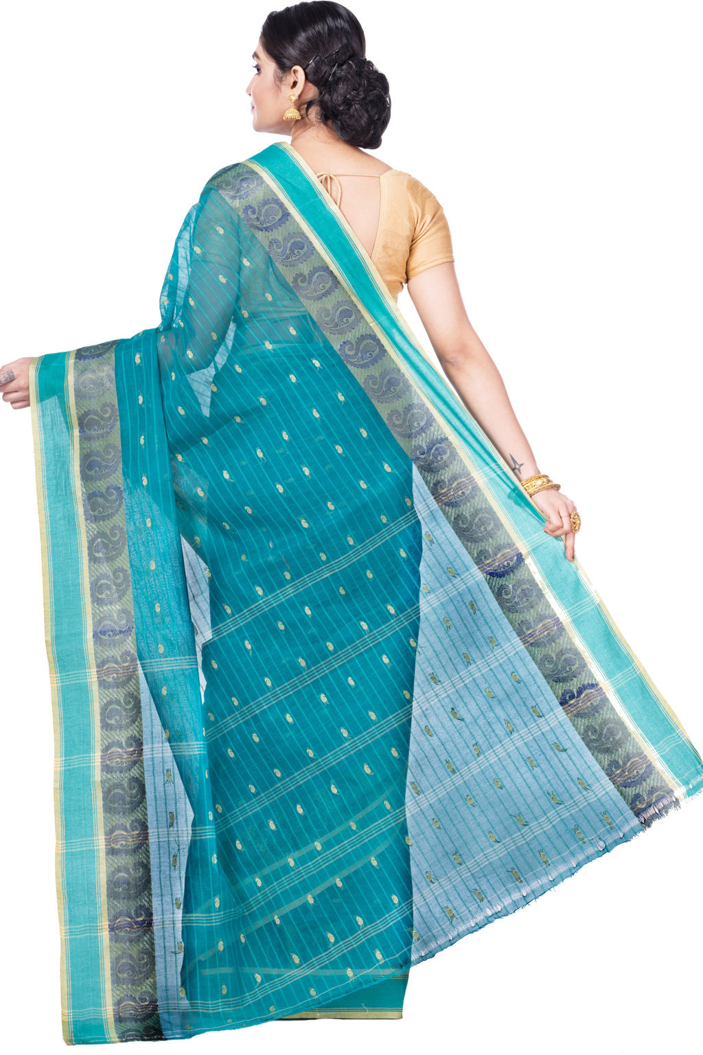 Dark Green Pure Cotton Kolka_Guti Tant Saree (5134)